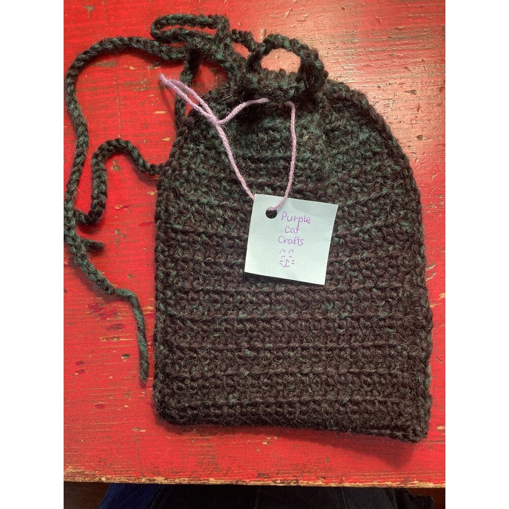 PURPLE CAT CRAFTS Handmade Bag Crocheted Drawstring Pouch Yarn Knitted